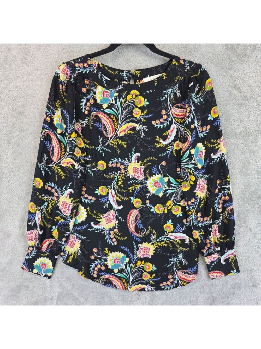 LOFT Top Womens XS Black Polyester Paisley Boat Neck Long Sleeve Blouse Workwear